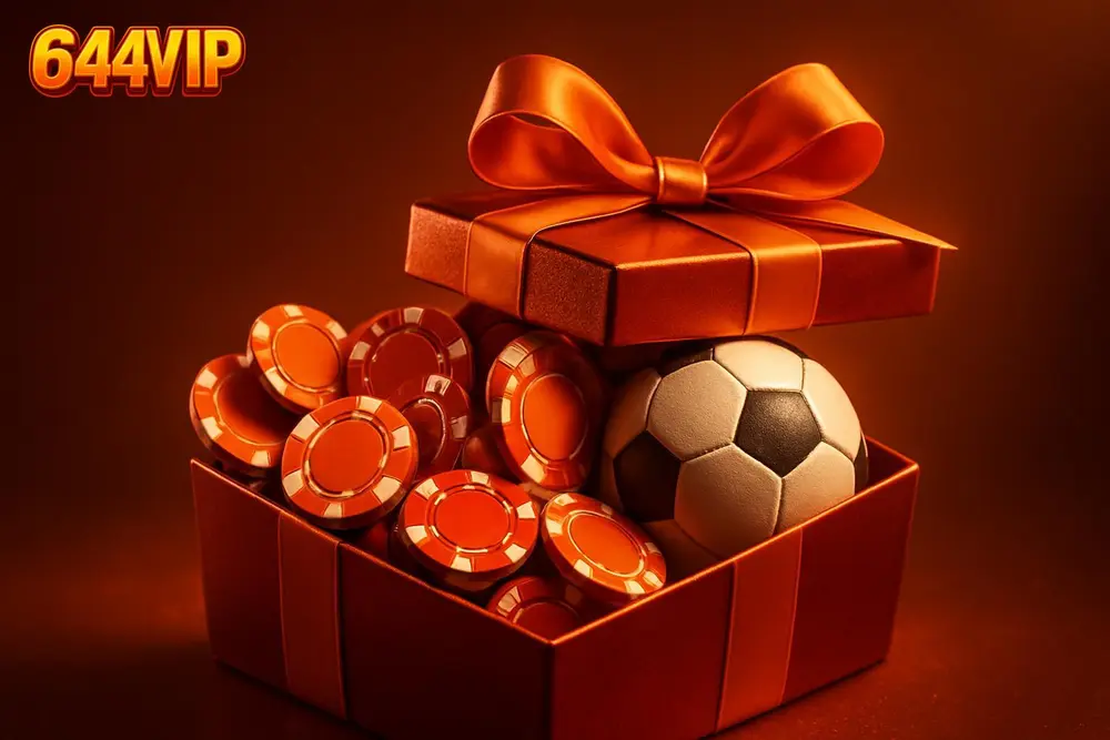644VIP Free Bet — a gift box overflowing with casino chips and a football