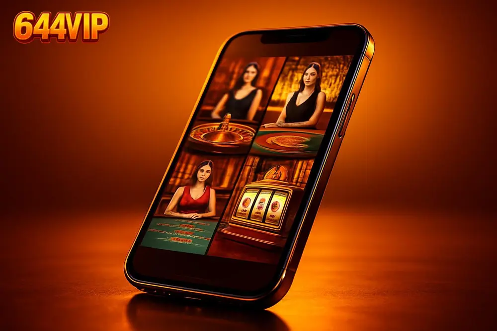644VIP Bangladesh — a smartphone displaying a colorful live casino game lobby