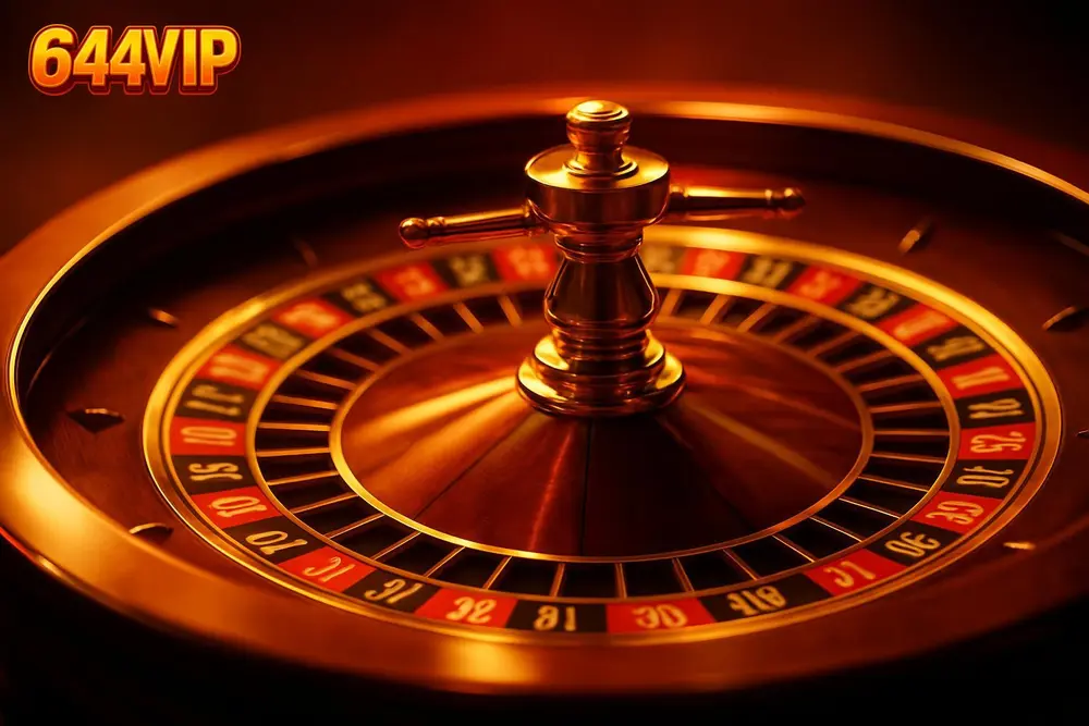 644VIP Live Casino — a close-up of a roulette wheel spinning under warm orange lights