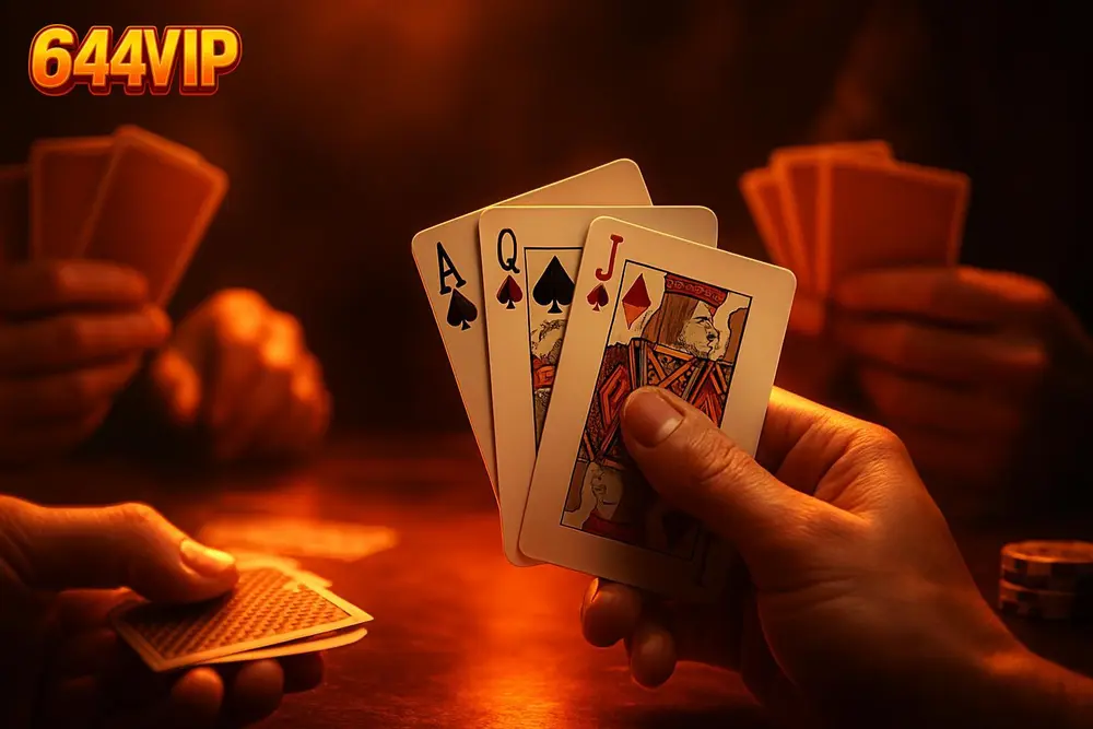 644VIP Teen Patti — a group of hands holding playing cards during a lively card game